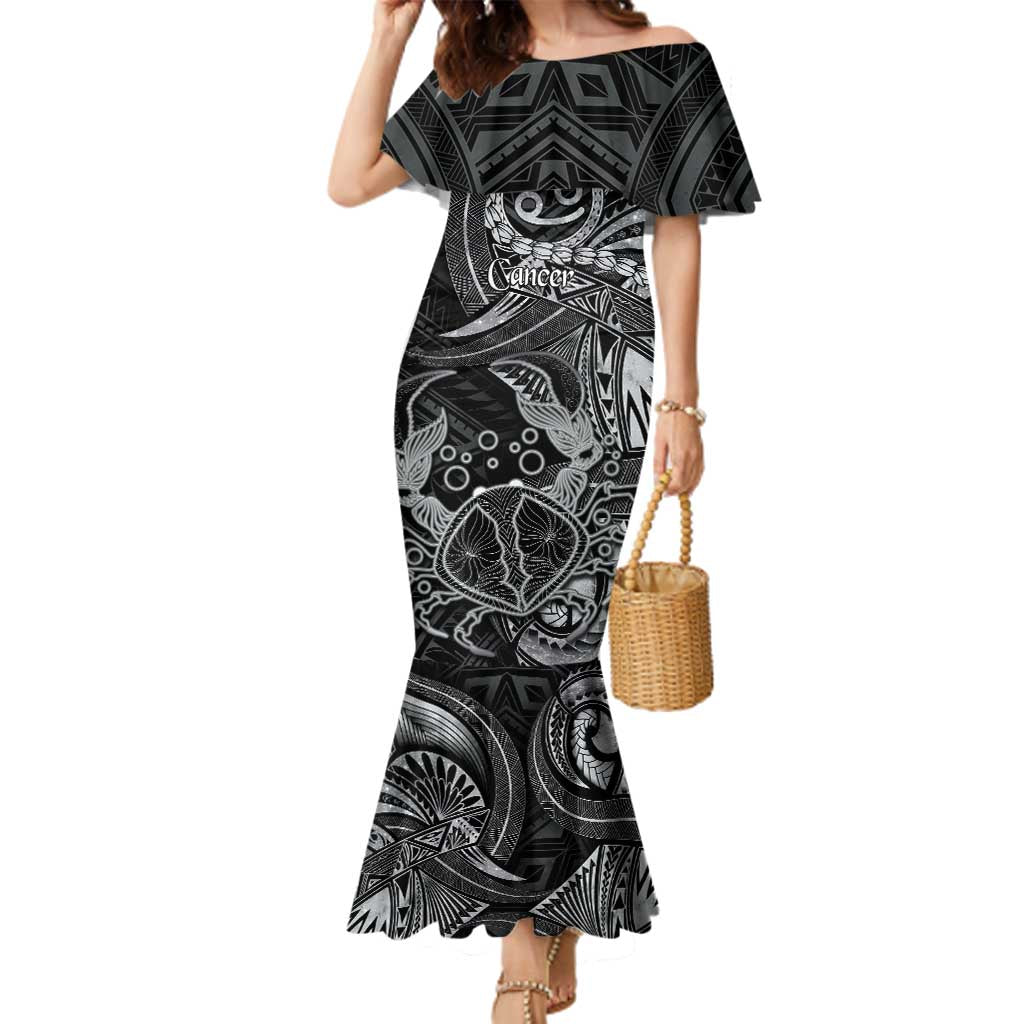 Personalised Polynesia Zodiac Cancer Family Matching Mermaid Dress and Hawaiian Shirt Galaxy Polynesian Pattern Chest Tattoo Style LT14 Mom's Dress Black - Polynesian Pride