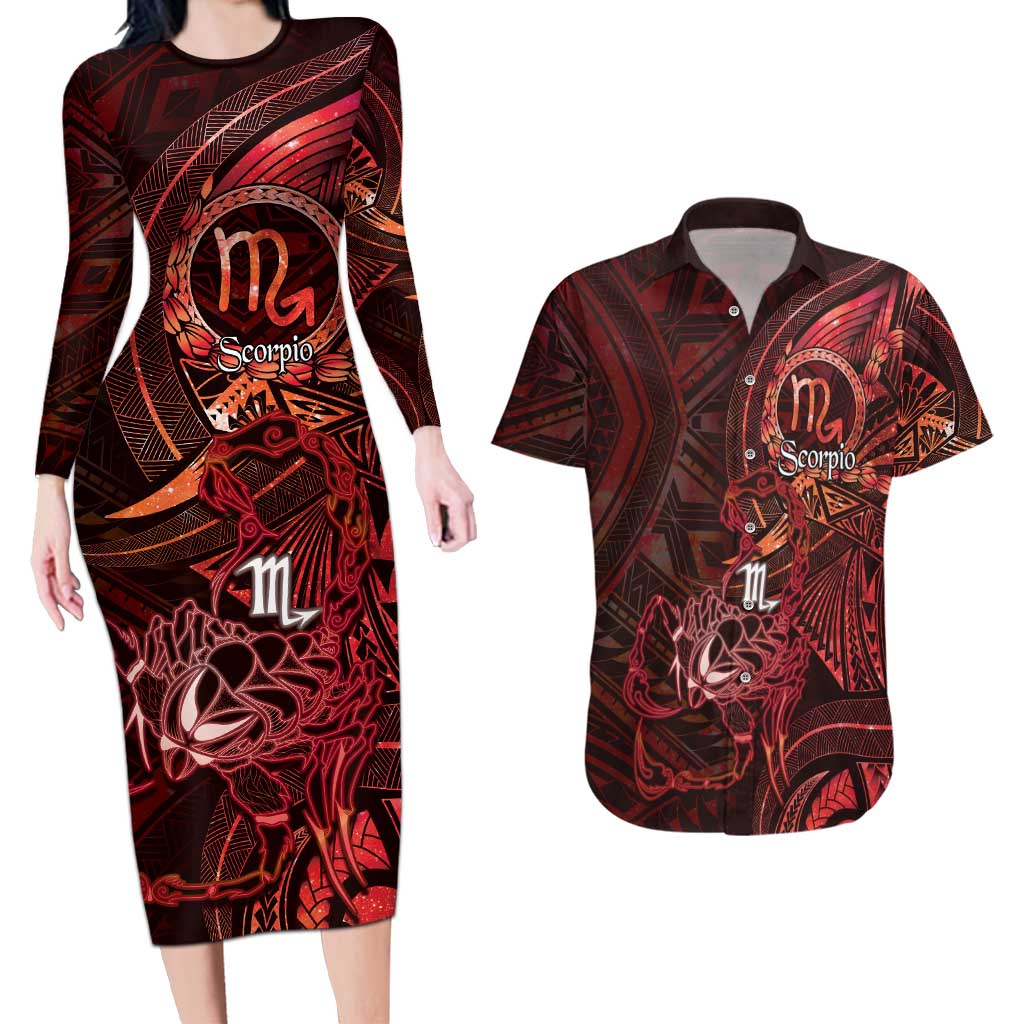 Personalised Polynesia Zodiac Scorpio Couples Matching Long Sleeve Bodycon Dress and Hawaiian Shirt Galaxy Polynesian Pattern Chest Tattoo Style