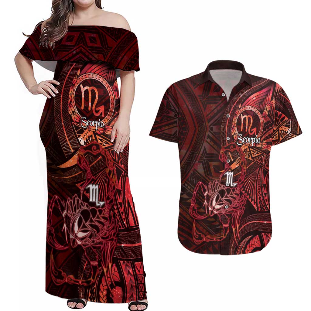 Personalised Polynesia Zodiac Scorpio Couples Matching Off Shoulder Maxi Dress and Hawaiian Shirt Galaxy Polynesian Pattern Chest Tattoo Style