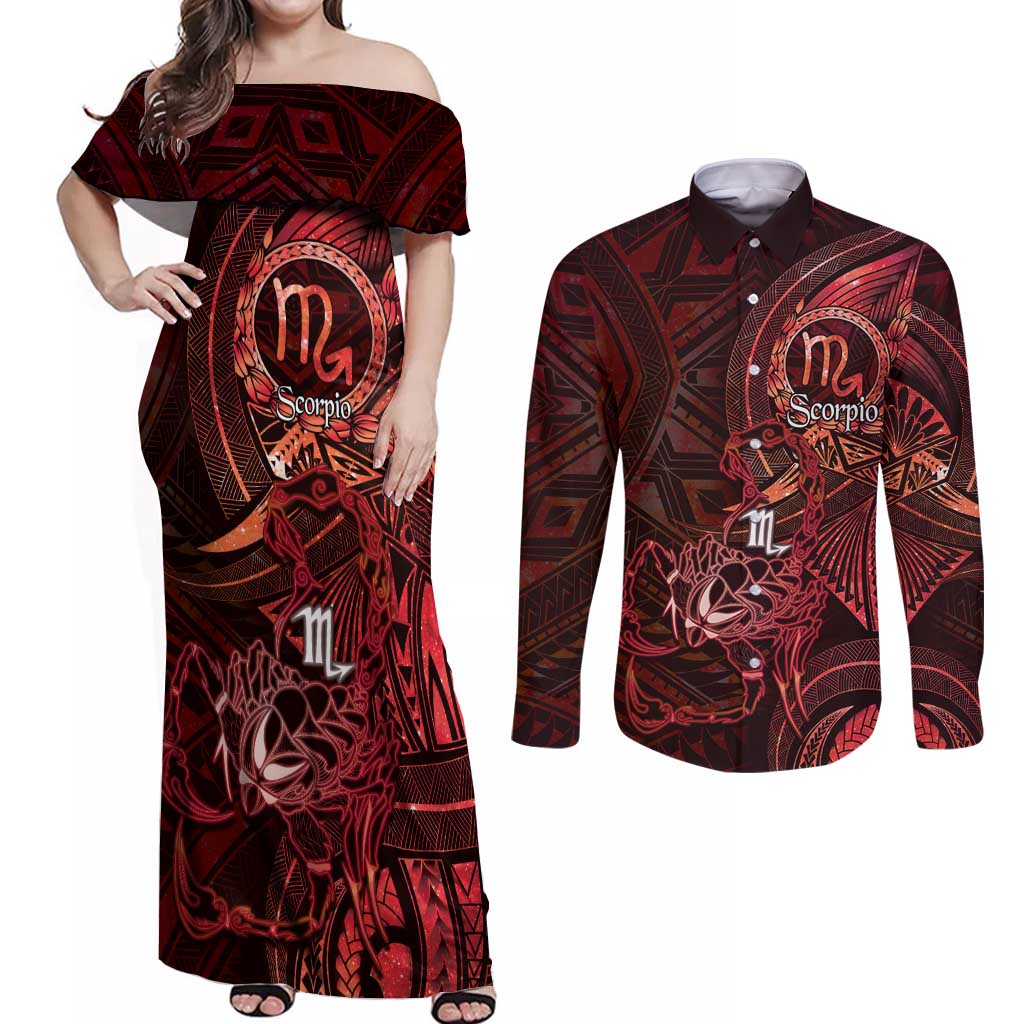 Personalised Polynesia Zodiac Scorpio Couples Matching Off Shoulder Maxi Dress and Long Sleeve Button Shirt Galaxy Polynesian Pattern Chest Tattoo Style