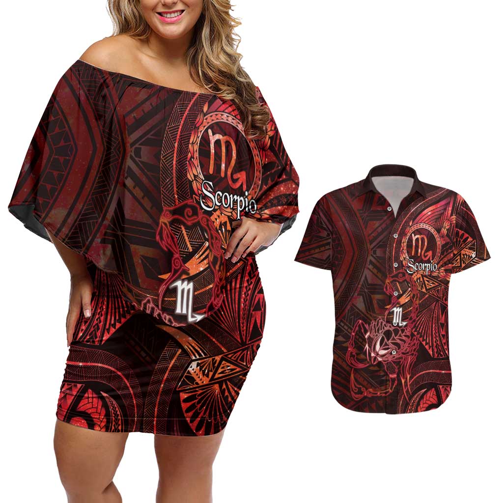 Personalised Polynesia Zodiac Scorpio Couples Matching Off Shoulder Short Dress and Hawaiian Shirt Galaxy Polynesian Pattern Chest Tattoo Style