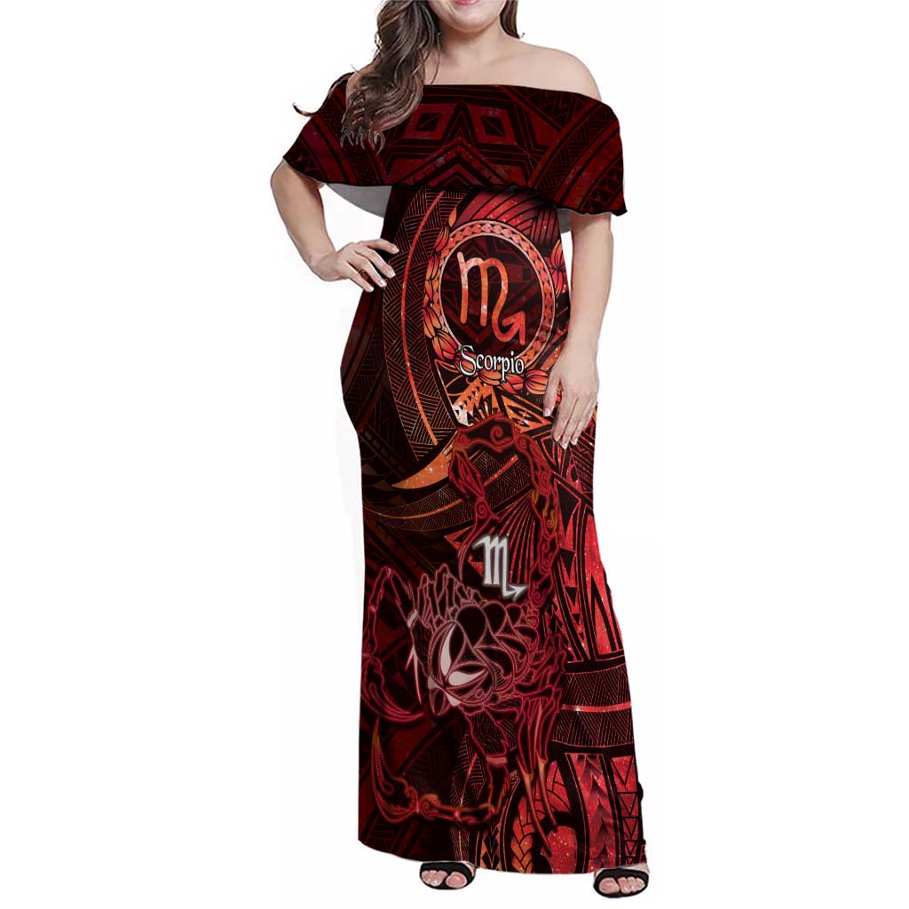 Personalised Polynesia Zodiac Scorpio Family Matching Off Shoulder Maxi Dress and Hawaiian Shirt Galaxy Polynesian Pattern Chest Tattoo Style LT14 Mom's Dress Red - Polynesian Pride
