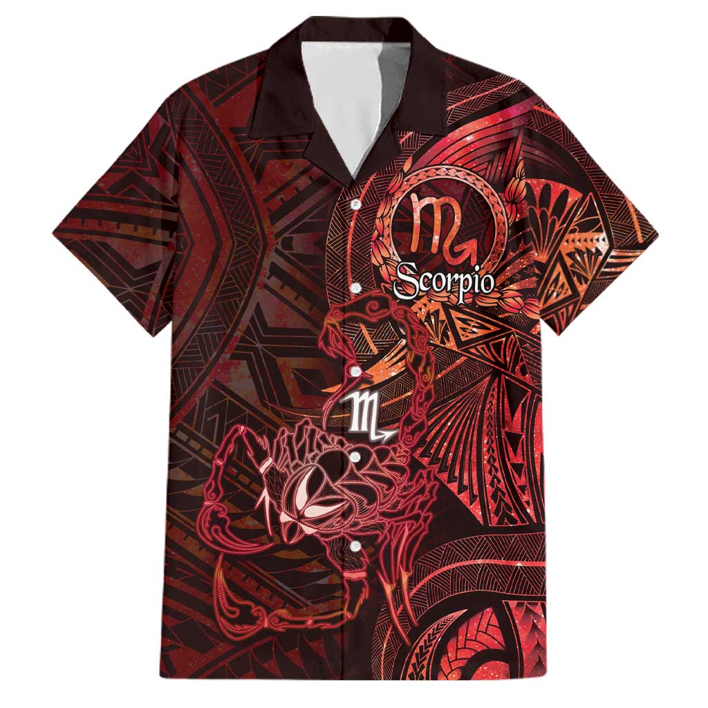 Personalised Polynesia Zodiac Scorpio Family Matching Off Shoulder Short Dress and Hawaiian Shirt Galaxy Polynesian Pattern Chest Tattoo Style LT14 Dad's Shirt - Short Sleeve Red - Polynesian Pride