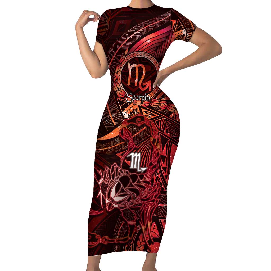 Personalised Polynesia Zodiac Scorpio Family Matching Short Sleeve Bodycon Dress and Hawaiian Shirt Galaxy Polynesian Pattern Chest Tattoo Style LT14 Mom's Dress Red - Polynesian Pride