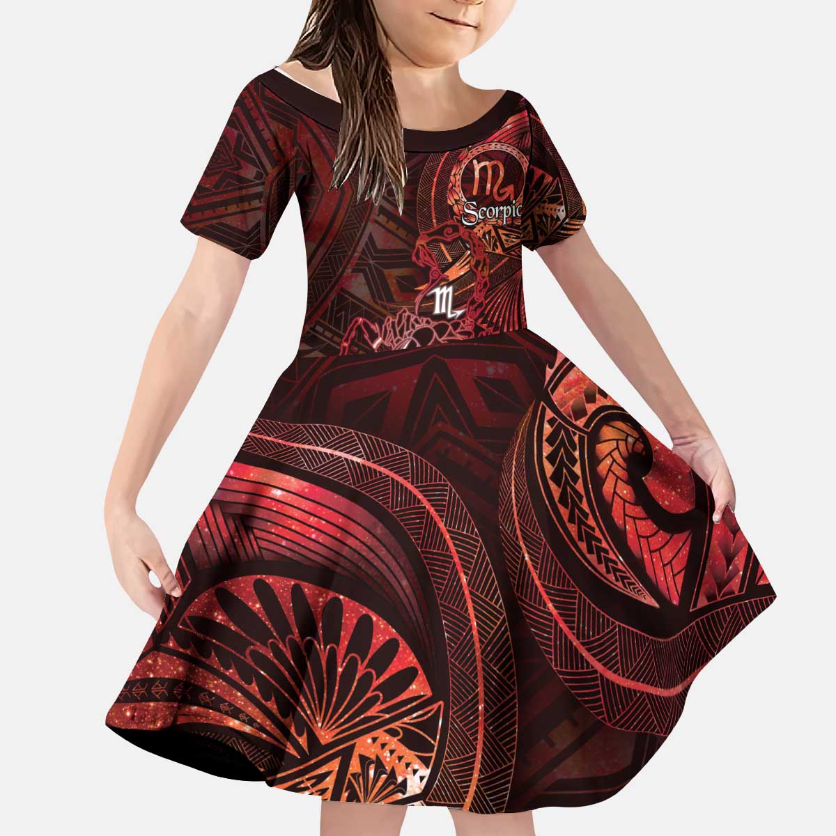 Personalised Polynesia Zodiac Scorpio Kid Short Sleeve Dress Galaxy Polynesian Pattern Chest Tattoo Style LT14 KID Red - Polynesian Pride