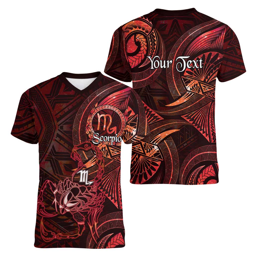 Personalised Polynesia Zodiac Scorpio Women V-Neck T-Shirt Galaxy Polynesian Pattern Chest Tattoo Style