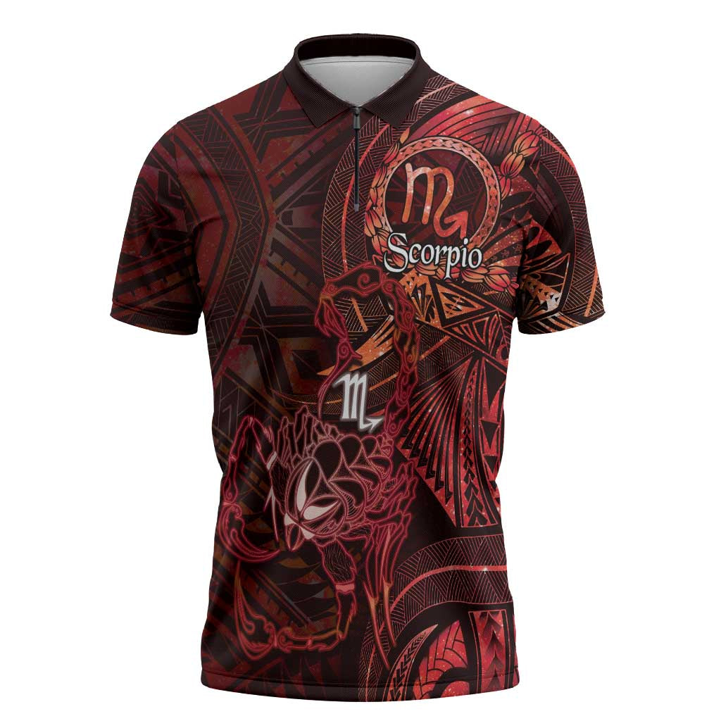 Personalised Polynesia Zodiac Scorpio Zipper Polo Shirt Galaxy Polynesian Pattern Chest Tattoo Style LT14 Red - Polynesian Pride