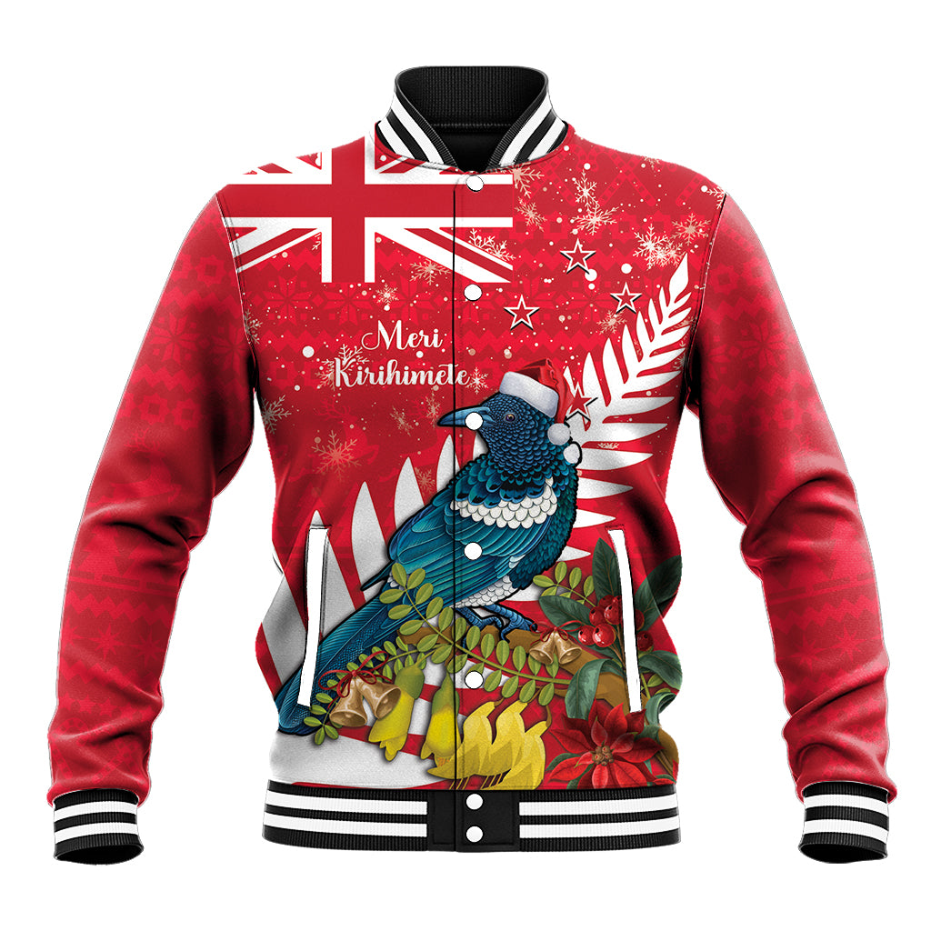 New Zealand Christmas In July Baseball Jacket Tui Bird With Kowhai Meri Kirihimete LT14 Unisex Red - Polynesian Pride