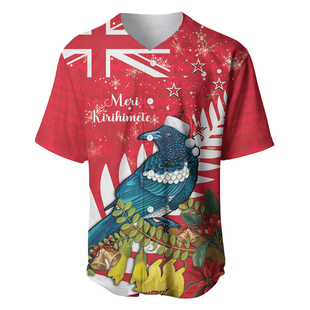 New Zealand Christmas In July Baseball Jersey Tui Bird With Kowhai Meri Kirihimete LT14 Red - Polynesian Pride