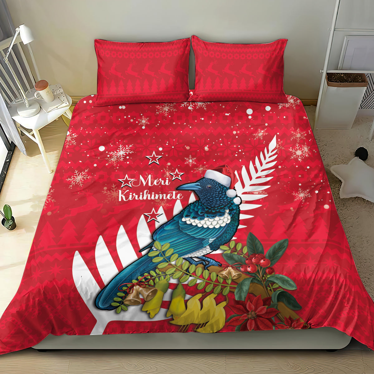 New Zealand Christmas In July Bedding Set Tui Bird With Kowhai Meri Kirihimete LT14 - Polynesian Pride