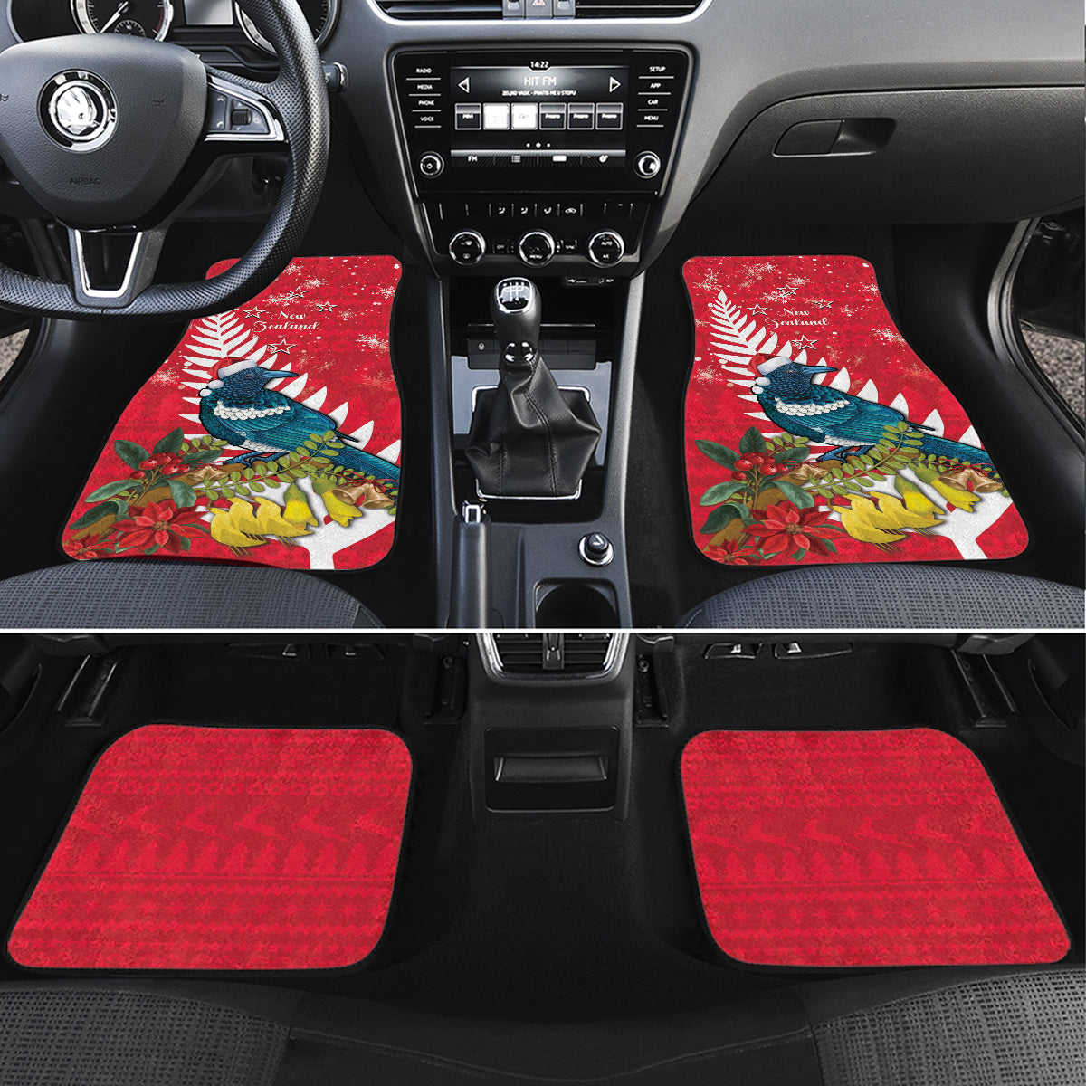 New Zealand Christmas In July Car Mats Tui Bird With Kowhai Meri Kirihimete LT14 Set 4pcs Red - Polynesian Pride