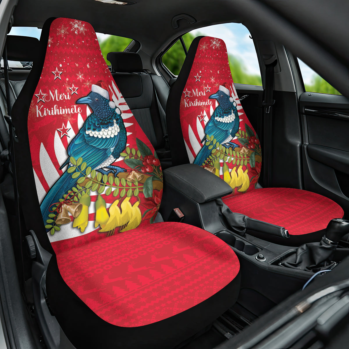 New Zealand Christmas In July Car Seat Cover Tui Bird With Kowhai Meri Kirihimete LT14 One Size Red - Polynesian Pride