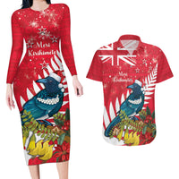 New Zealand Christmas In July Couples Matching Long Sleeve Bodycon Dress and Hawaiian Shirt Tui Bird With Kowhai Meri Kirihimete LT14 Red - Polynesian Pride