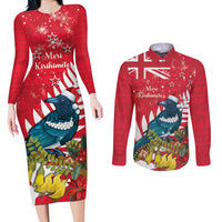 New Zealand Christmas In July Couples Matching Long Sleeve Bodycon Dress and Long Sleeve Button Shirt Tui Bird With Kowhai Meri Kirihimete LT14 Red - Polynesian Pride