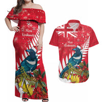 New Zealand Christmas In July Couples Matching Off Shoulder Maxi Dress and Hawaiian Shirt Tui Bird With Kowhai Meri Kirihimete LT14 Red - Polynesian Pride