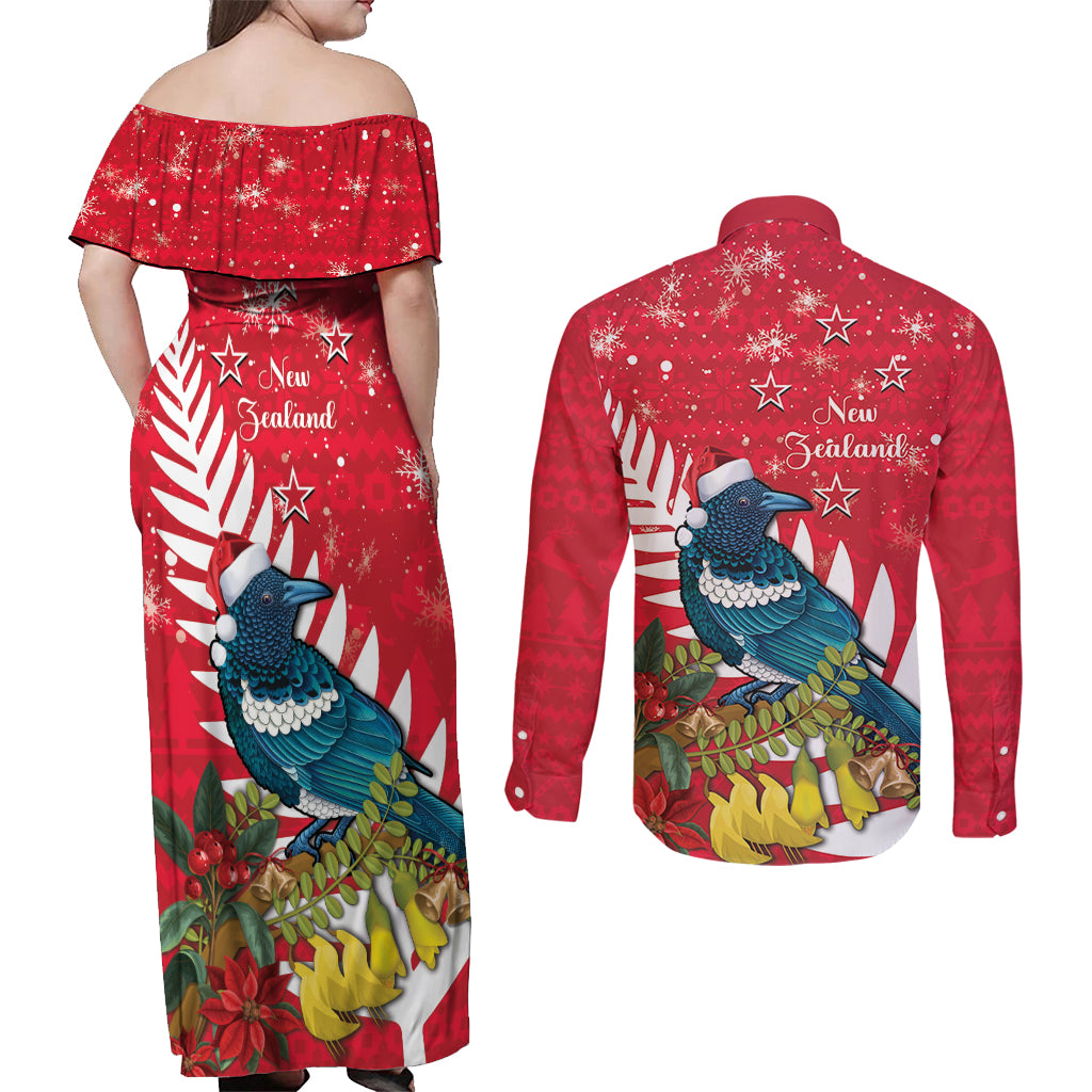 New Zealand Christmas In July Couples Matching Off Shoulder Maxi Dress and Long Sleeve Button Shirt Tui Bird With Kowhai Meri Kirihimete LT14 - Polynesian Pride