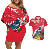 New Zealand Christmas In July Couples Matching Off Shoulder Short Dress and Hawaiian Shirt Tui Bird With Kowhai Meri Kirihimete LT14 Red - Polynesian Pride