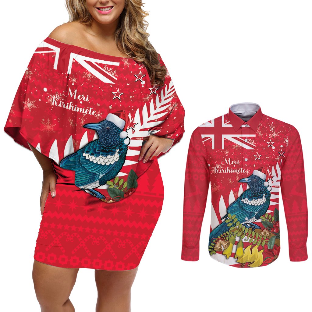 New Zealand Christmas In July Couples Matching Off Shoulder Short Dress and Long Sleeve Button Shirt Tui Bird With Kowhai Meri Kirihimete LT14 Red - Polynesian Pride