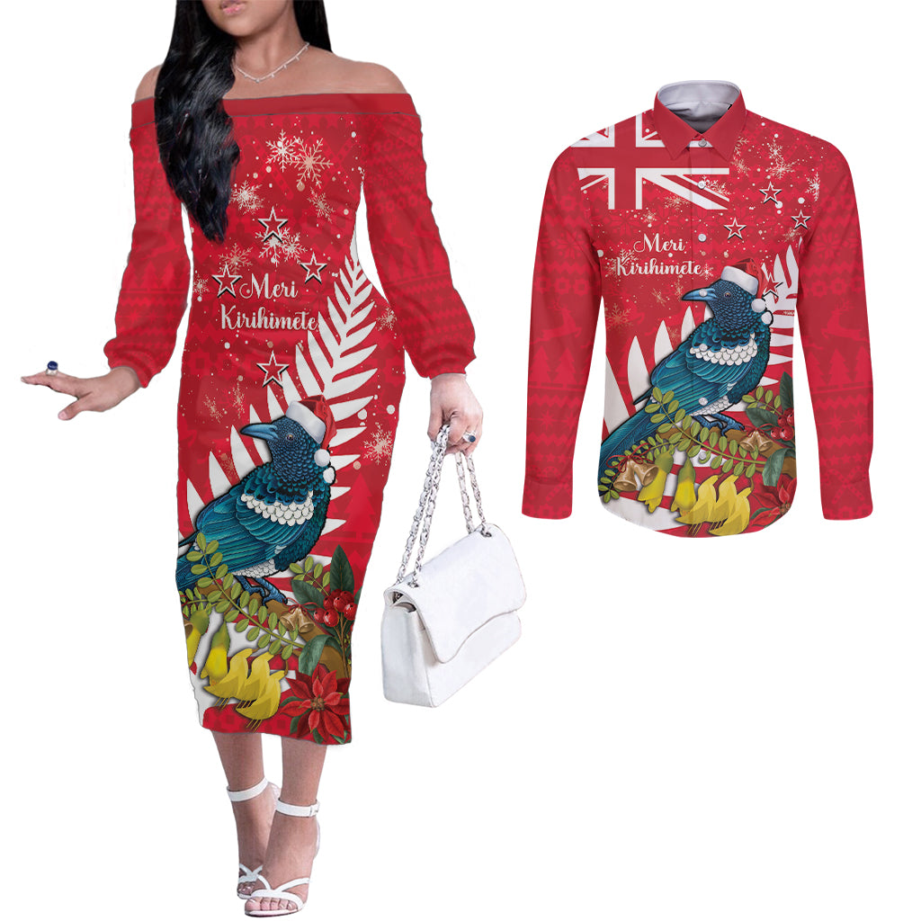 New Zealand Christmas In July Couples Matching Off The Shoulder Long Sleeve Dress and Long Sleeve Button Shirt Tui Bird With Kowhai Meri Kirihimete LT14 Red - Polynesian Pride