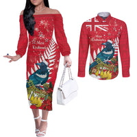 New Zealand Christmas In July Couples Matching Off The Shoulder Long Sleeve Dress and Long Sleeve Button Shirt Tui Bird With Kowhai Meri Kirihimete LT14 Red - Polynesian Pride