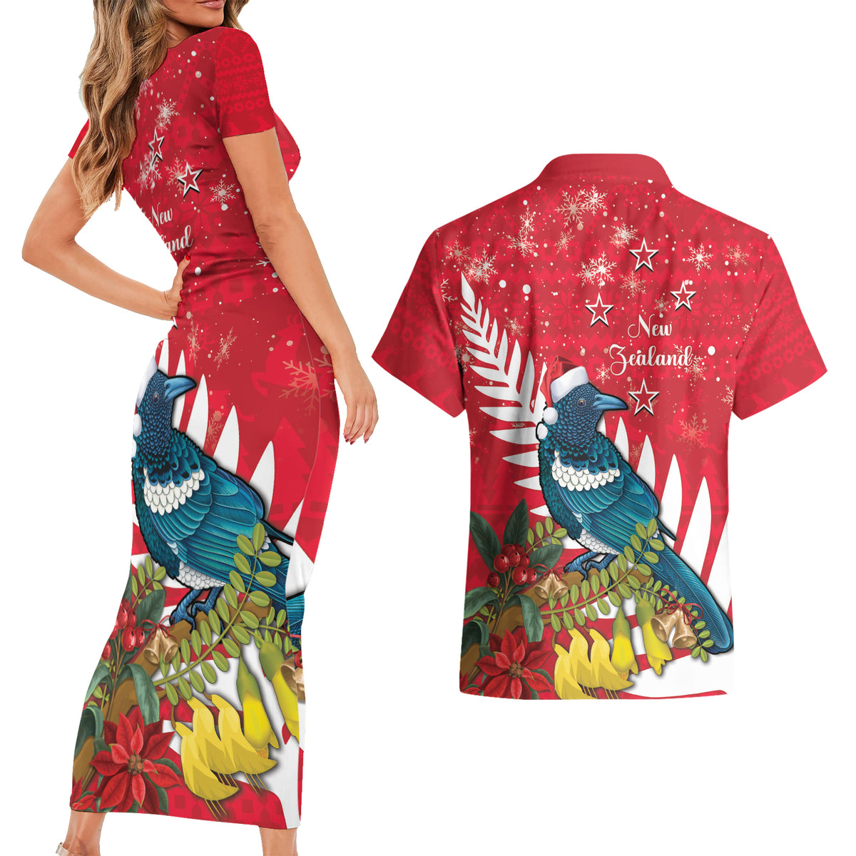 New Zealand Christmas In July Couples Matching Short Sleeve Bodycon Dress and Hawaiian Shirt Tui Bird With Kowhai Meri Kirihimete LT14 - Polynesian Pride