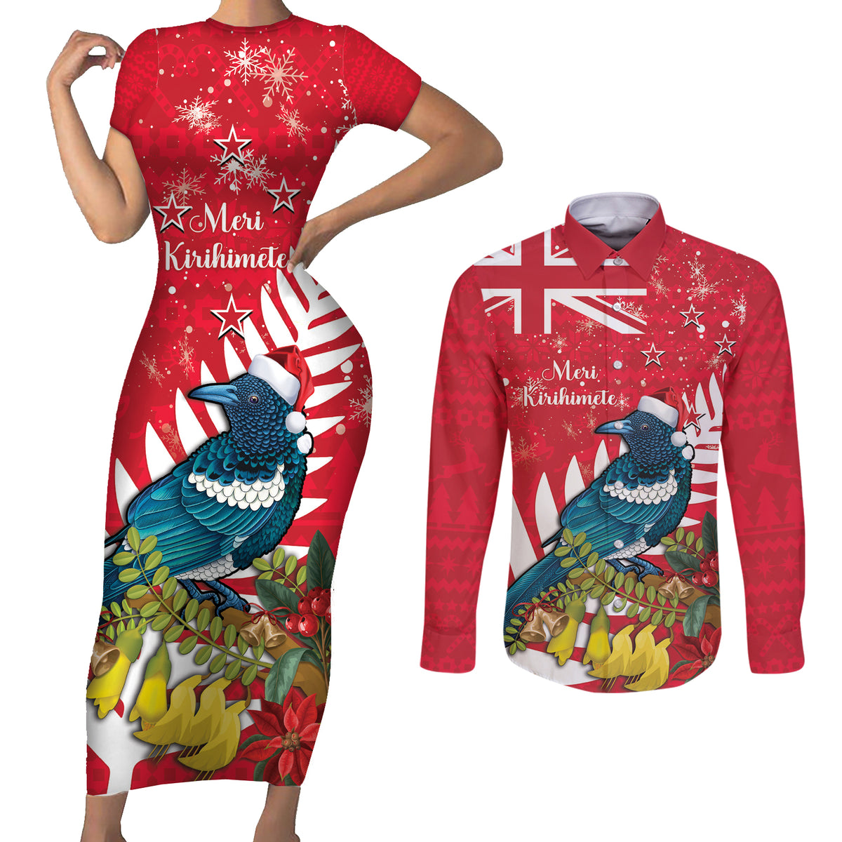 New Zealand Christmas In July Couples Matching Short Sleeve Bodycon Dress and Long Sleeve Button Shirt Tui Bird With Kowhai Meri Kirihimete LT14 Red - Polynesian Pride