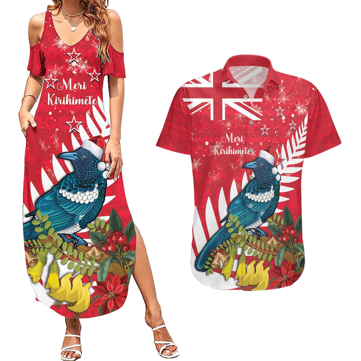 New Zealand Christmas In July Couples Matching Summer Maxi Dress and Hawaiian Shirt Tui Bird With Kowhai Meri Kirihimete LT14 Red - Polynesian Pride