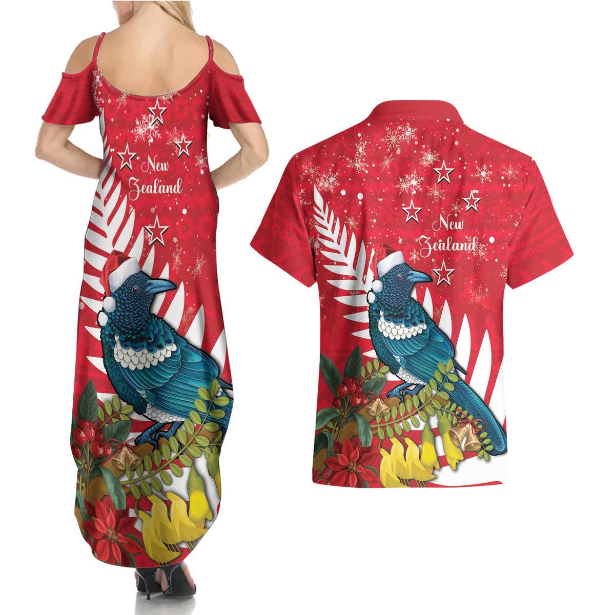 New Zealand Christmas In July Couples Matching Summer Maxi Dress and Hawaiian Shirt Tui Bird With Kowhai Meri Kirihimete LT14 - Polynesian Pride