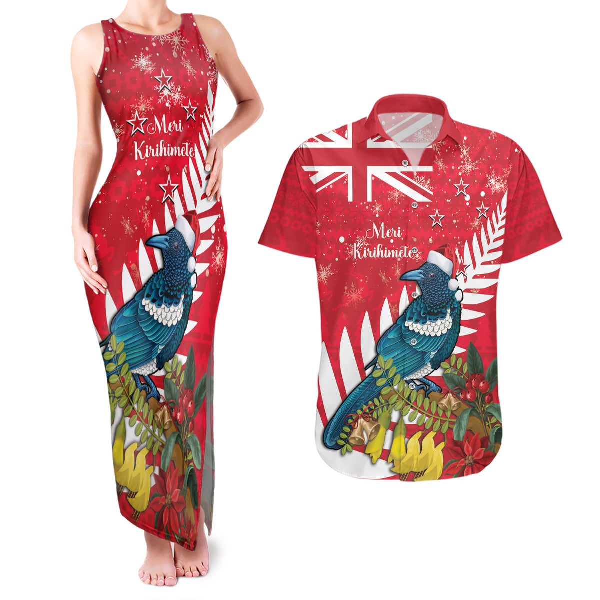 New Zealand Christmas In July Couples Matching Tank Maxi Dress and Hawaiian Shirt Tui Bird With Kowhai Meri Kirihimete LT14 Red - Polynesian Pride