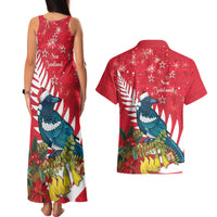New Zealand Christmas In July Couples Matching Tank Maxi Dress and Hawaiian Shirt Tui Bird With Kowhai Meri Kirihimete LT14 - Polynesian Pride