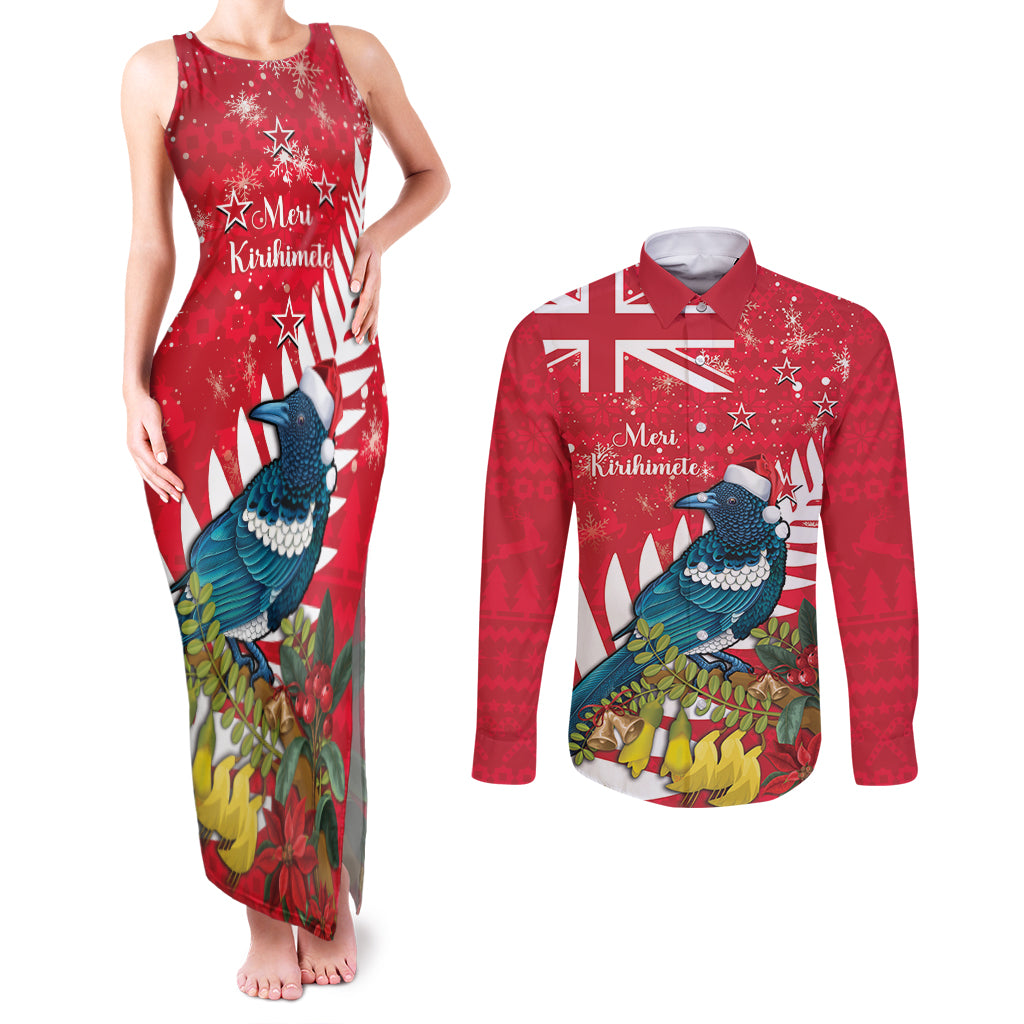New Zealand Christmas In July Couples Matching Tank Maxi Dress and Long Sleeve Button Shirt Tui Bird With Kowhai Meri Kirihimete LT14 Red - Polynesian Pride