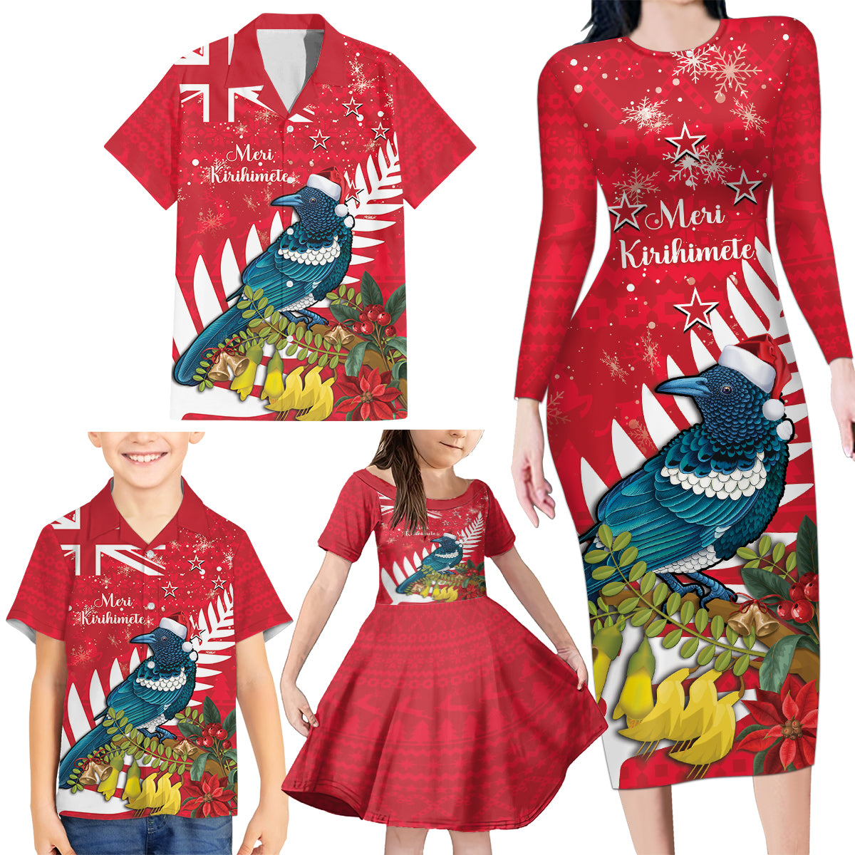 New Zealand Christmas In July Family Matching Long Sleeve Bodycon Dress and Hawaiian Shirt Tui Bird With Kowhai Meri Kirihimete LT14 - Polynesian Pride