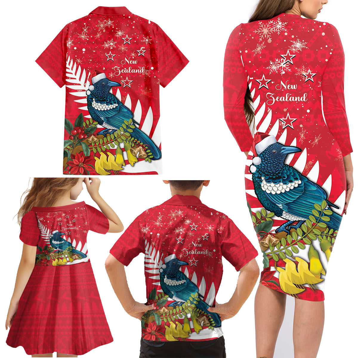 New Zealand Christmas In July Family Matching Long Sleeve Bodycon Dress and Hawaiian Shirt Tui Bird With Kowhai Meri Kirihimete LT14 - Polynesian Pride