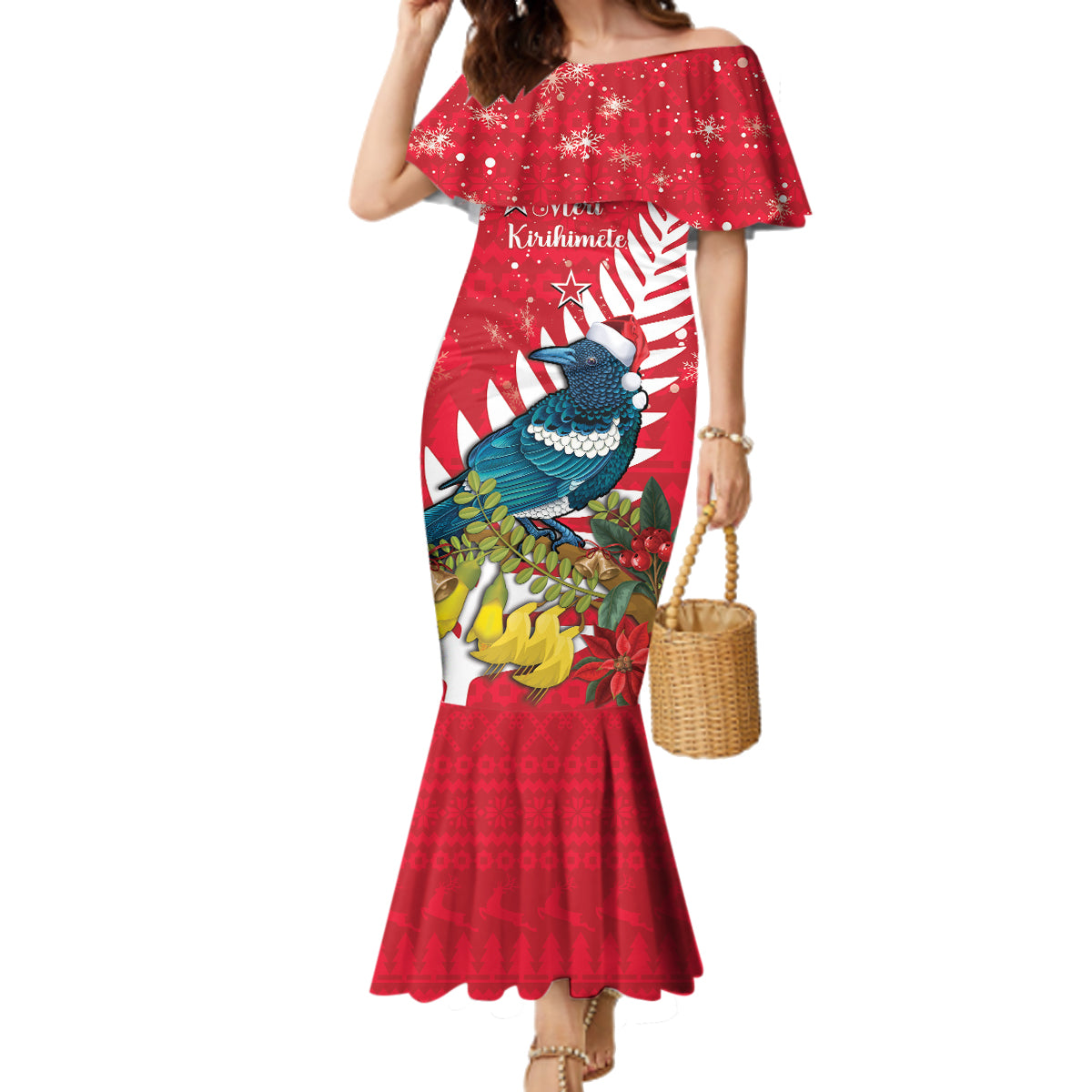 New Zealand Christmas In July Family Matching Mermaid Dress and Hawaiian Shirt Tui Bird With Kowhai Meri Kirihimete LT14 Mom's Dress Red - Polynesian Pride