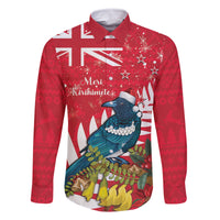 New Zealand Christmas In July Family Matching Off The Shoulder Long Sleeve Dress and Hawaiian Shirt Tui Bird With Kowhai Meri Kirihimete LT14 Dad's Shirt - Long Sleeve Red - Polynesian Pride