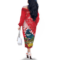 New Zealand Christmas In July Family Matching Off The Shoulder Long Sleeve Dress and Hawaiian Shirt Tui Bird With Kowhai Meri Kirihimete LT14 - Polynesian Pride