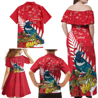 New Zealand Christmas In July Family Matching Off Shoulder Maxi Dress and Hawaiian Shirt Tui Bird With Kowhai Meri Kirihimete LT14 - Polynesian Pride