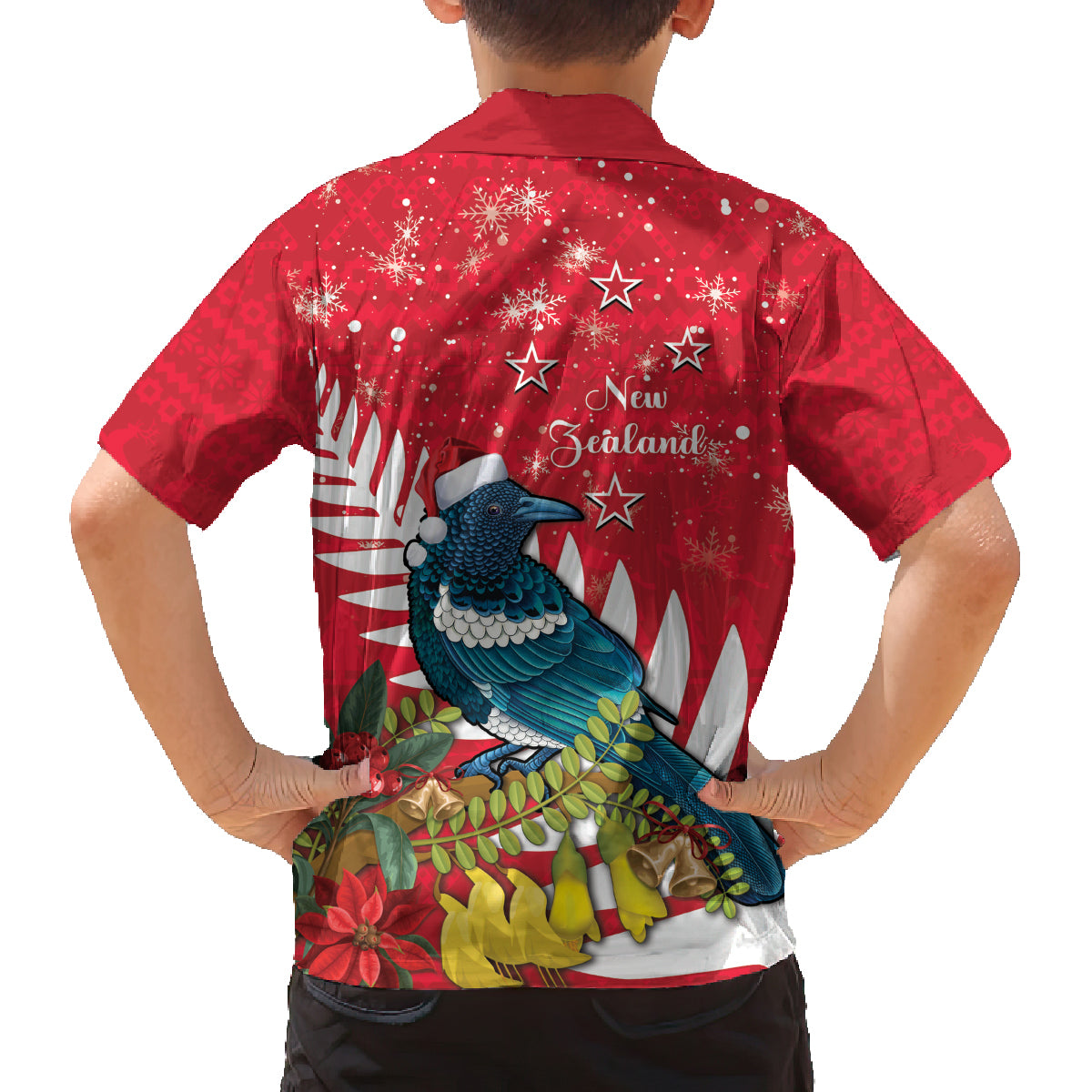 New Zealand Christmas In July Family Matching Off Shoulder Short Dress and Hawaiian Shirt Tui Bird With Kowhai Meri Kirihimete LT14 - Polynesian Pride
