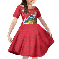 New Zealand Christmas In July Family Matching Off Shoulder Short Dress and Hawaiian Shirt Tui Bird With Kowhai Meri Kirihimete LT14 Daughter's Dress Red - Polynesian Pride