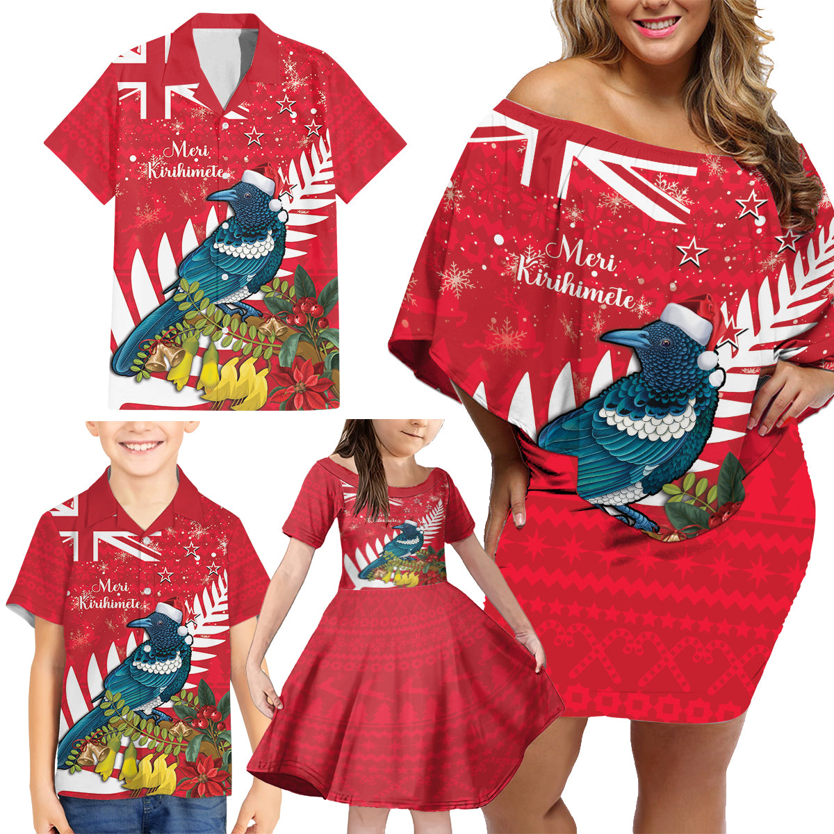 New Zealand Christmas In July Family Matching Off Shoulder Short Dress and Hawaiian Shirt Tui Bird With Kowhai Meri Kirihimete LT14 - Polynesian Pride