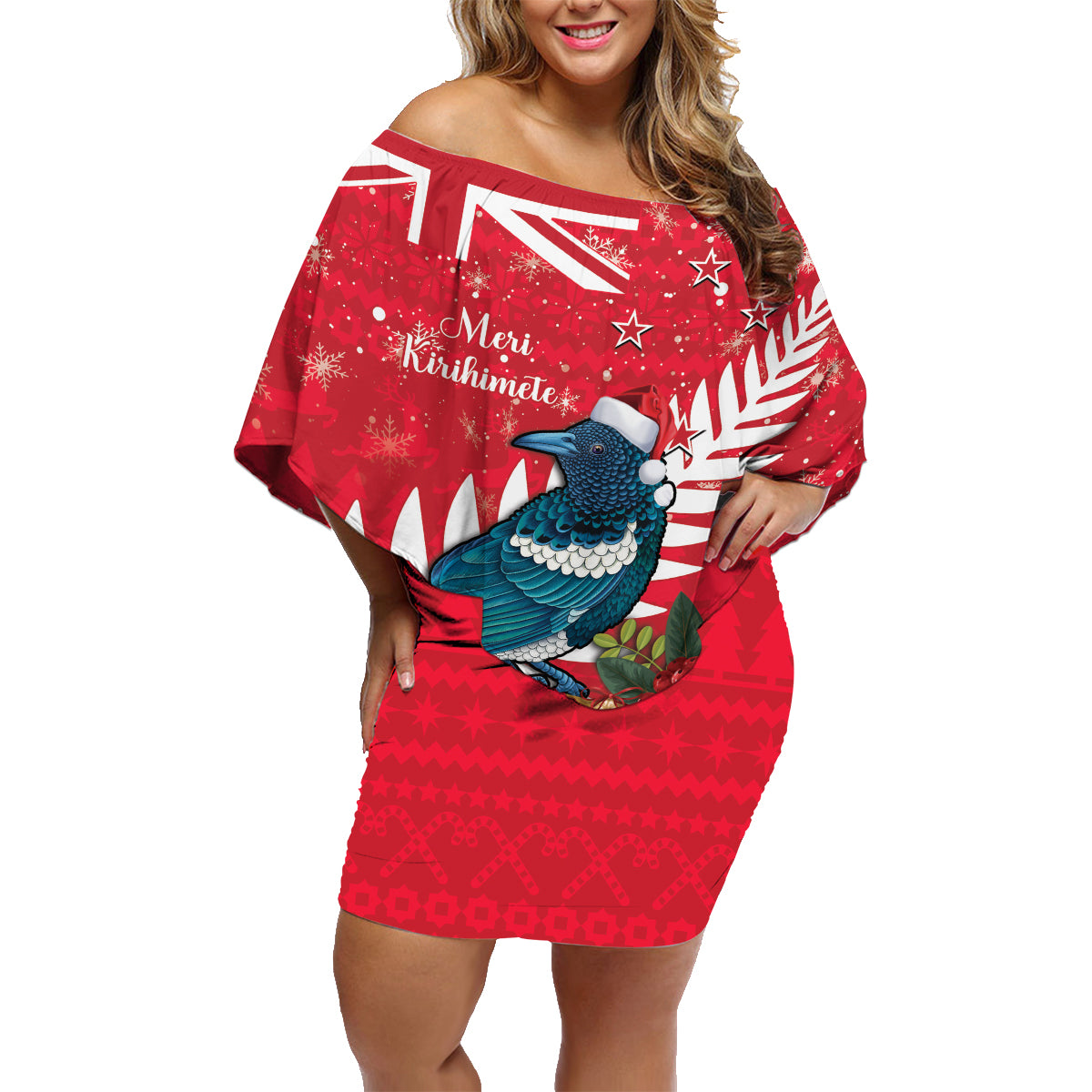 New Zealand Christmas In July Family Matching Off Shoulder Short Dress and Hawaiian Shirt Tui Bird With Kowhai Meri Kirihimete LT14 Mom's Dress Red - Polynesian Pride