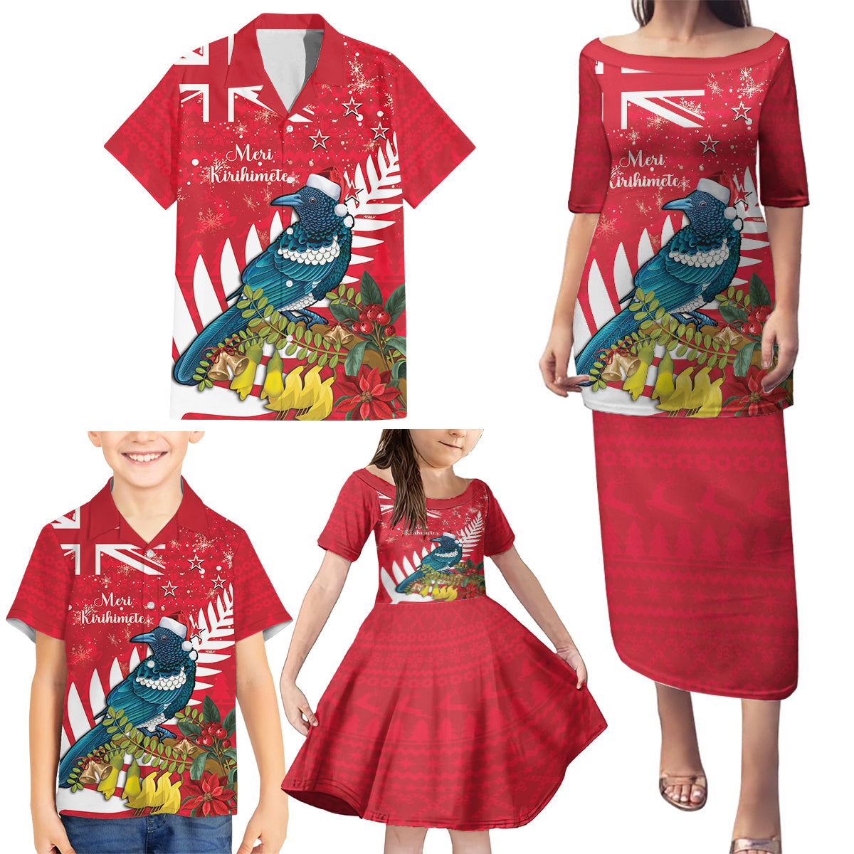 New Zealand Christmas In July Family Matching Puletasi and Hawaiian Shirt Tui Bird With Kowhai Meri Kirihimete LT14 - Polynesian Pride