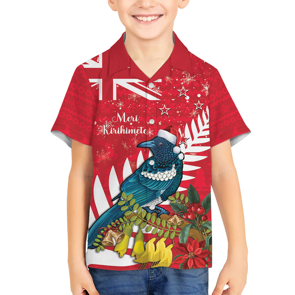 New Zealand Christmas In July Family Matching Puletasi and Hawaiian Shirt Tui Bird With Kowhai Meri Kirihimete LT14 Son's Shirt Red - Polynesian Pride