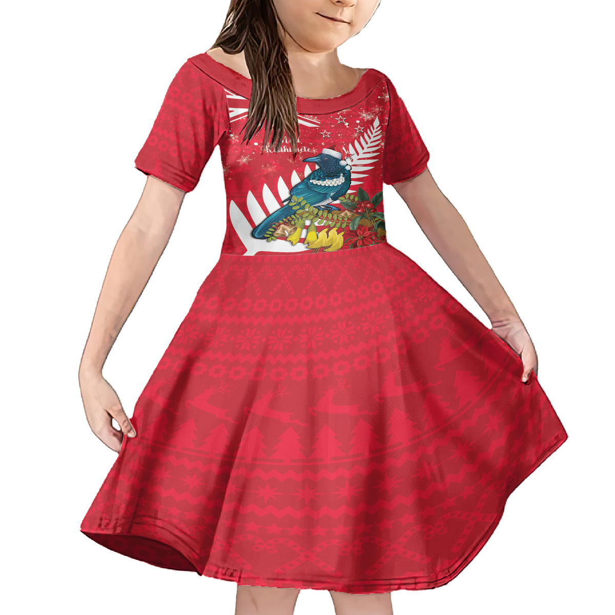 New Zealand Christmas In July Family Matching Short Sleeve Bodycon Dress and Hawaiian Shirt Tui Bird With Kowhai Meri Kirihimete LT14 Daughter's Dress Red - Polynesian Pride