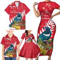 New Zealand Christmas In July Family Matching Short Sleeve Bodycon Dress and Hawaiian Shirt Tui Bird With Kowhai Meri Kirihimete LT14 - Polynesian Pride