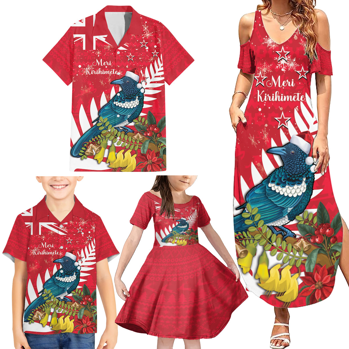 New Zealand Christmas In July Family Matching Summer Maxi Dress and Hawaiian Shirt Tui Bird With Kowhai Meri Kirihimete LT14 - Polynesian Pride