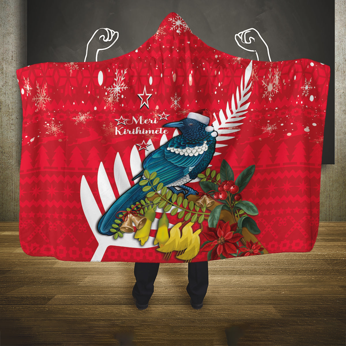 New Zealand Christmas In July Hooded Blanket Tui Bird With Kowhai Meri Kirihimete LT14 One Size Red - Polynesian Pride