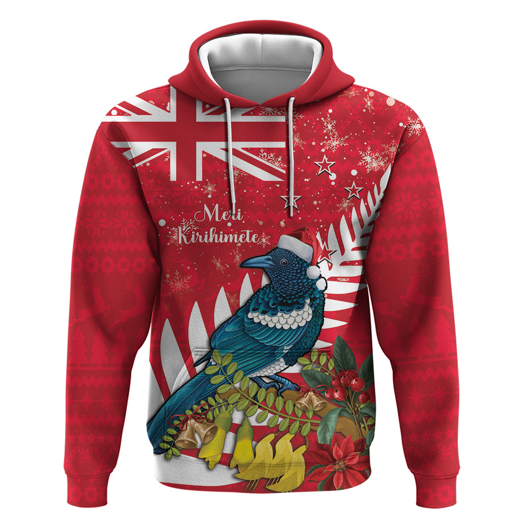 New Zealand Christmas In July Hoodie Tui Bird With Kowhai Meri Kirihimete LT14 Pullover Hoodie Red - Polynesian Pride