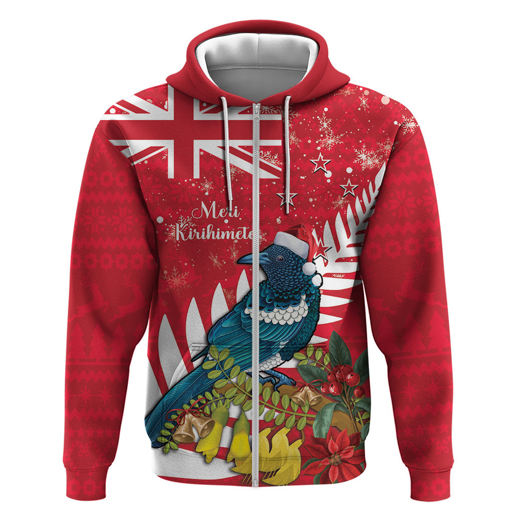 New Zealand Christmas In July Hoodie Tui Bird With Kowhai Meri Kirihimete LT14 Zip Hoodie Red - Polynesian Pride