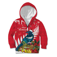 New Zealand Christmas In July Kid Hoodie Tui Bird With Kowhai Meri Kirihimete LT14 Zip Hoodie Red - Polynesian Pride